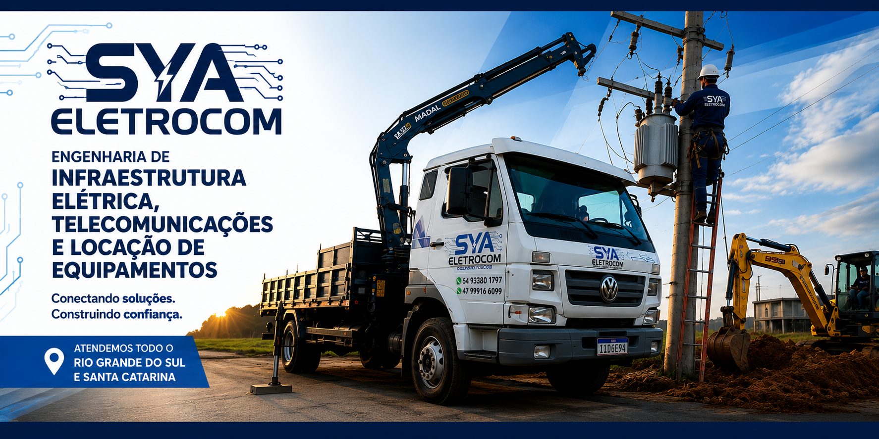 Equipe SYA Eletrocom em operação com caminhão munck em rede elétrica